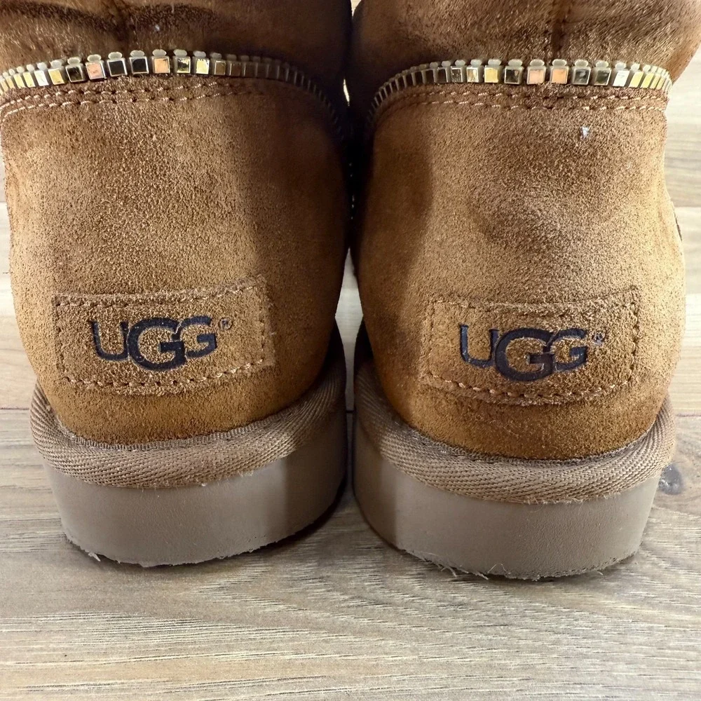 UGG‎ Florence Zip Short Boots Womens 7 Chestnut Suede Shearling Fur Lined